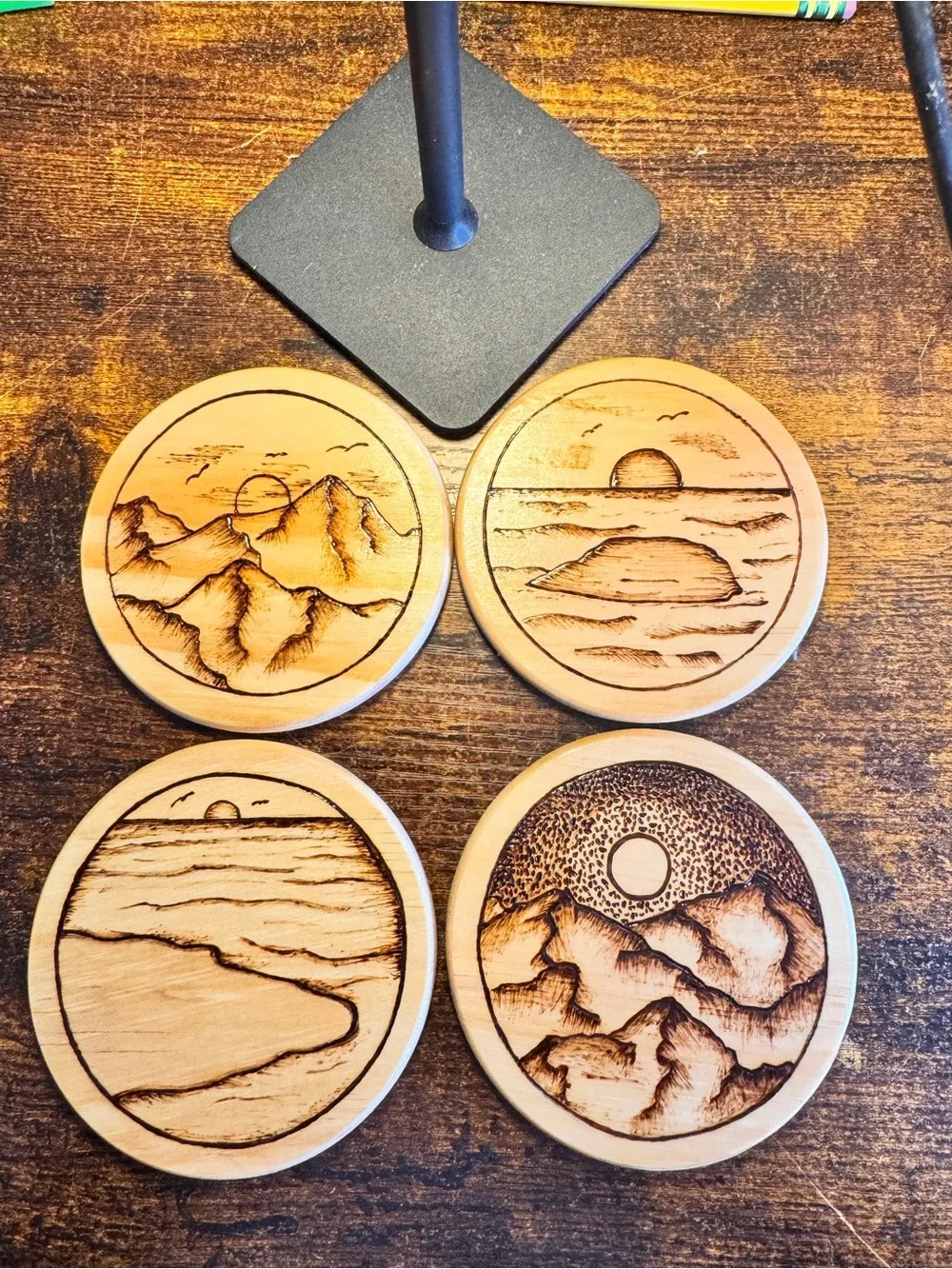 Hand-Burned Mountain & Ocean Wooden Coaster Set - 4 Pack